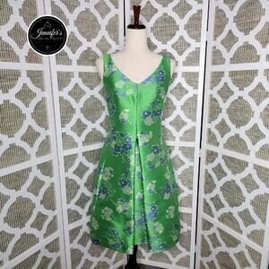 Sara Campbell NWT Green Floral Jacquard A-Line w/Front Box Pleat Dress Size 4